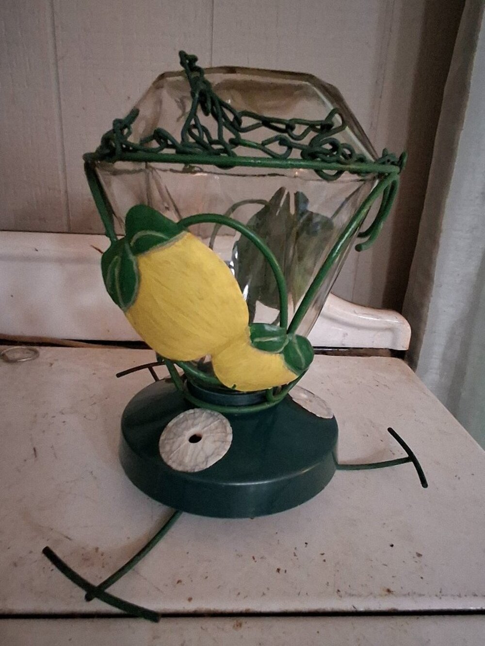 Vintage Glass with Metal Lemons Hummingbird Feeder